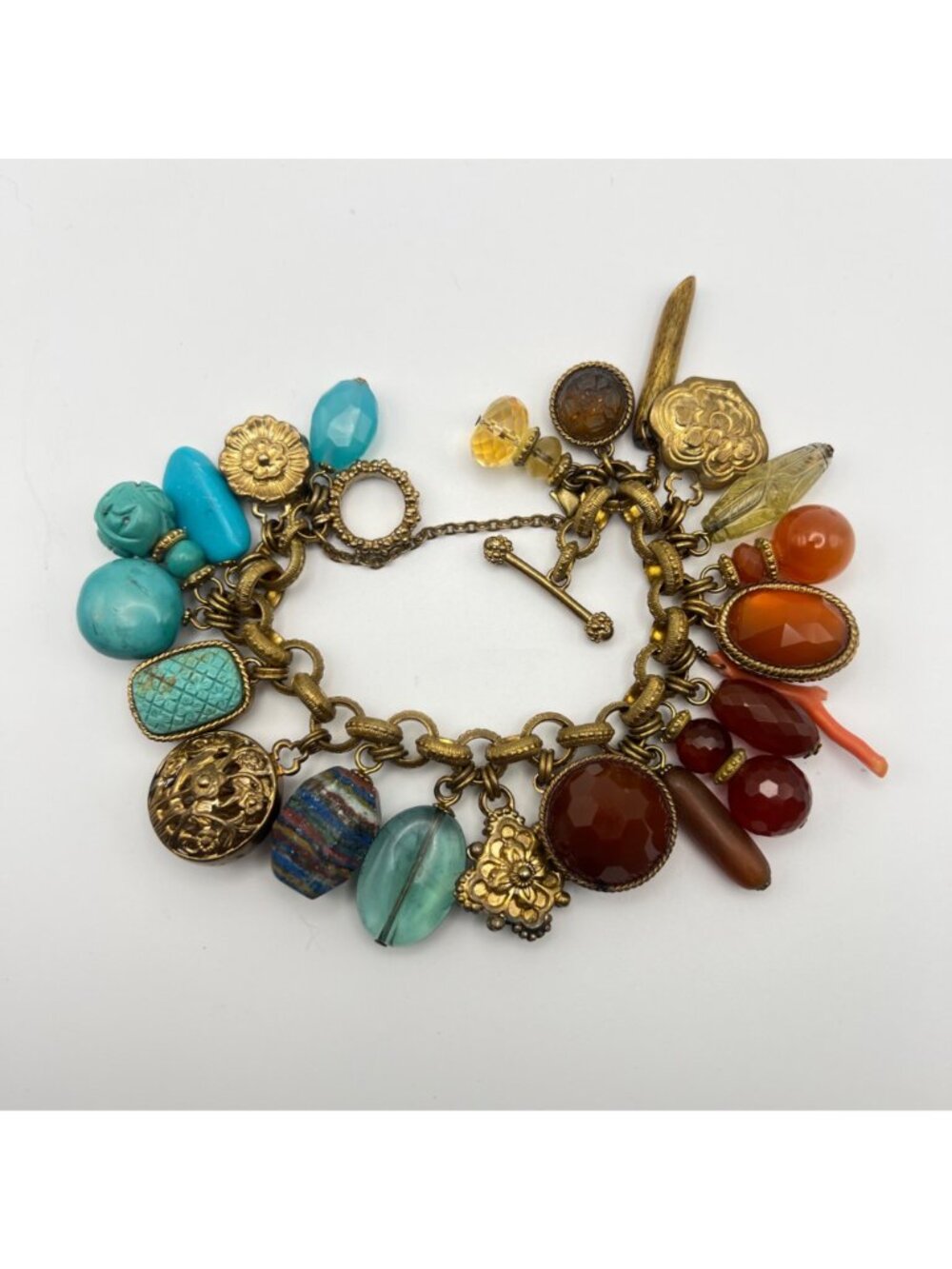 Stephen Dweck Charm Bracelet Vintage Bronze Turquoise Carnelian Gemstone - Picture 2 of 16